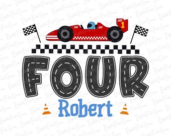 May include: Red race car with a checkered finish line and the word "FOUR" in black with a road design. The name "Robert" is written in blue below the word "FOUR".