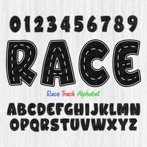 Racebaan alfabet SVG PNG DXF, wegnummers, letters, wegbundel, verjaardag, auto, jongens, bouw, clipart, lettertype, Cricut, cameo