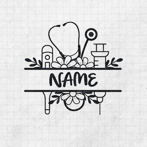 May include: Black and white illustration of a stethoscope, syringe, and other medical tools with flowers and the word "NAME" on a banner.