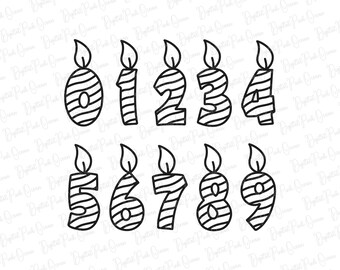 May include: Black and white line art of ten birthday candles shaped like the numbers 0 through 9. Each candle has a striped design and a flame on top.