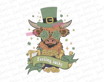 St Patricks Highland Png, Cow Farm Sublimation, Feeling luck png, Shamrock Png, St Patrick day PNG for sublimation, Cow Png, Cute Heifer png