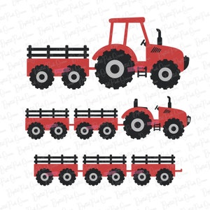 May include: Three red toy tractors with black wheels and trailers. The tractors have a black cab and a black exhaust pipe. The trailers have black wooden sides.
