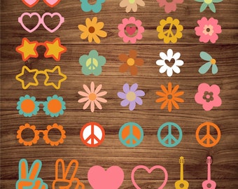 Ensemble SVG hippie groovy, fleurs de marguerite, signe de la paix, guitare (téléchargement numérique)