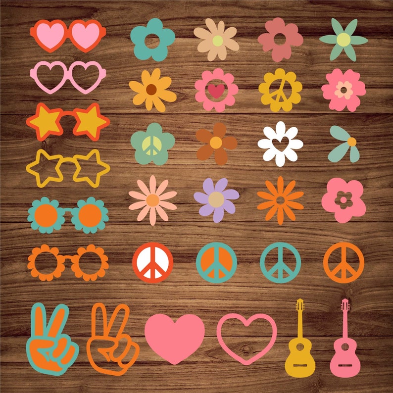 Groovy Hippie SVG Bundle, Daisy Flowers, Peace Sign, Guitar (digital ...