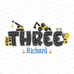 Peut inclure: Graphique numérique avec le mot "THREE" en lettres routières, accompagné de véhicules de chantier. Le nom "Richard" est affiché en bleu en dessous, avec des cônes de signalisation orange. Idéal pour un anniversaire.