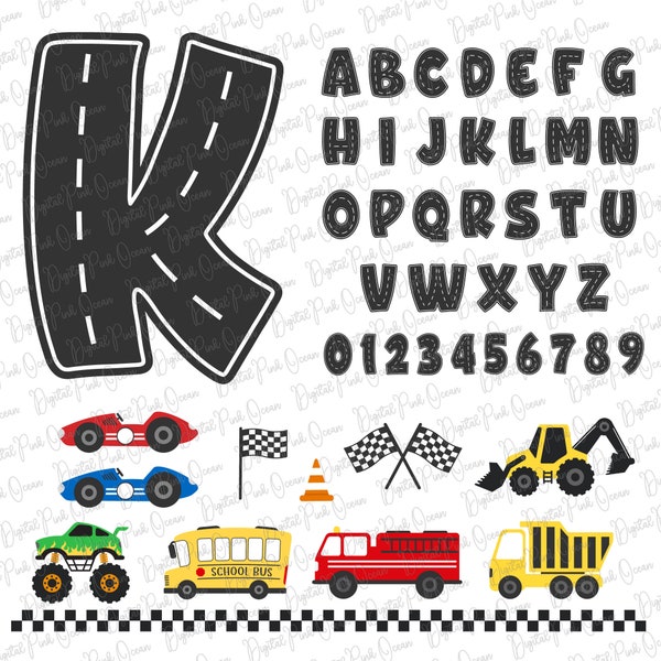 Race Track Alphabet Svg png Bundle, Road Numbers Letters svg, Car Track svg, Racing Track svg, Boys birthday svg, digger svg, Monster truck