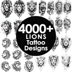Peut inclure: Un collage de motifs de tatouage de lion en noir et blanc. Au centre de l'image, un grand cercle avec le texte "4000+ Lions Tattoo Designs".