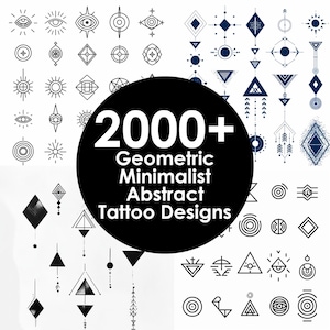 May include: A black and white image with the text "2000+ Geometric Minimalist Abstract Tattoo Designs". The image shows a variety of geometric shapes, including circles, triangles, squares, and diamonds. The shapes are arranged in a grid pattern and are all black and white.