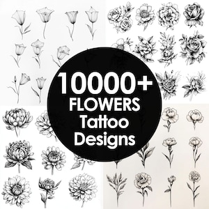 May include: A black and white image of over 1000 flower tattoo designs. The designs are arranged in a grid pattern and include a variety of flowers, such as roses, lilies, and daisies.