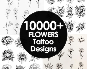 May include: A black and white image showcasing over 1000 flower tattoo designs. The designs are arranged in a grid pattern and feature a variety of flowers, including roses, lilies, and daisies.