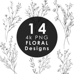 14 élégants B & W Floral Clipart Bundle Decor dessins imprimables de haute qualité 4k PNG en téléchargement numérique Journal d'artisanat en papier fond Transparent