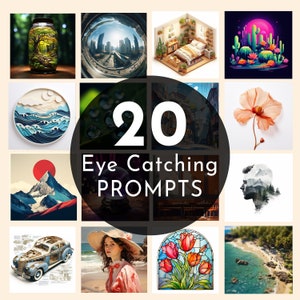 Midjourney Prompts Einzigartige Designs für die kommerzielle Nutzung Art Print Ideen Original Digitale Bilder 20 Eye Catching Prompt Design AI