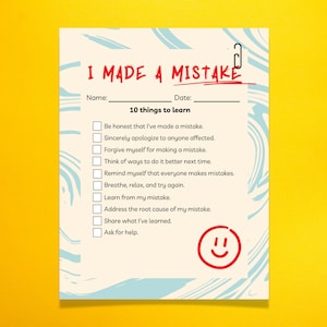 May include: A cream-coloured printable checklist titled "I Made a Mistake" with a red paperclip. The checklist includes 10 steps to learn from mistakes, with a red smiley face at the bottom. The background has light blue swirls.