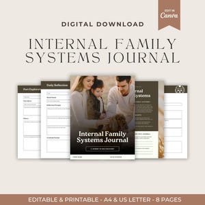 May include: A printable journal with a brown background and a photo of a family with a dog. The journal is titled "Internal Family Systems Journal: A Journey of Self-Discovery".