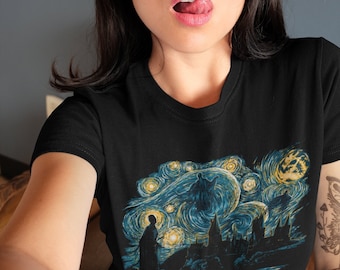 VAN GOGH Inspired Starry Night Dementors At Hogwarts TSHIRT, Abstract Art Harry Potter Mystical Creature Shirts, Harry Potter Gifts