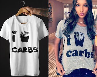 I Love Carbs As Worn by Jasmine Tookes Fries T-Shirt, Victoria's Angel Model Fan In A Premium Cotton Tee