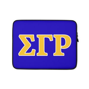 May include: Blue laptop sleeve with the Greek letters ΣΓΡ in yellow on a white outline.