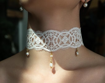 Emma Choker • Gemstone Beaded White Lace Choker