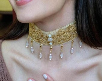 Lianna Choker • Gemstone Beaded & Embroidered Choker