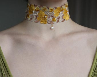 Camellia Choker • Gemstone Beaded & Embroidered