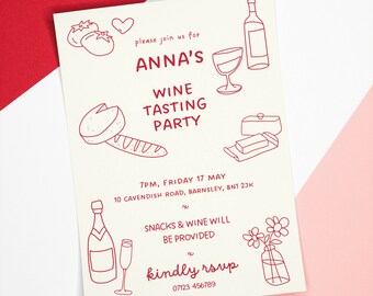 Op de afbeelding: Een rode en witte uitnodiging voor een wijnproeverij georganiseerd door Anna. De uitnodiging bevat details over de datum, tijd, locatie en RSVP-informatie. De uitnodiging bevat handgetekende illustraties van wijnglazen, flessen, kaas, brood en bloemen.