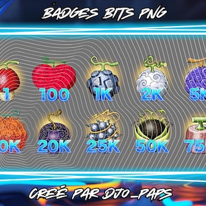 Peut inclure: Graphique numérique avec neuf illustrations de fruits stylisés, chacune avec un design et une couleur uniques. Chaque fruit est accompagné d'un nombre allant de 1 à 75K. Le texte "BADGES BITS PNG" et "CREÉ PAR DJO_PAPS" sont également présents.