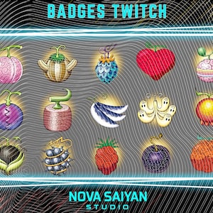 May include: A selection of vibrant, fruit-themed designs, possibly badges, with a glowing effect, set against a black and grey wavy background. The text "BADGES TWITCH" and "NOVA SAIYAN STUDIO" are displayed. The designs are enclosed in a neon blue frame.