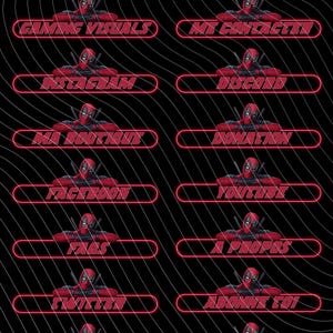 May include: A black background with red neon-style text and Deadpool imagery. The image features various text labels such as "Planning", "MA Config", "Gaming Visuals", and "ME Contacter". The bottom right corner has a logo that says "PAPS STORE PANELS".