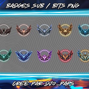 May include: A collection of ten stylized badges with a wing-like design, each set within a white circle. The badges feature gradients of black, red, blue, gold, green, and purple, with a neon-like glow. Text at the top reads "BADGES SUB / BITS PNG".