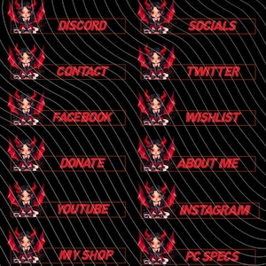 Peut inclure: Graphique noir avec texte rouge et illustrations pour un streamer. Le texte comprend "DIABLESSE", "CHAT RULES", "SUBSCRIBE", "DISCORD", "SOCIALS", "CONTACT", "TWITTER", "FACEBOOK", "WISHLIST", "DONATE", "ABOUT ME", "YOUTUBE", "INSTAGRAM", "MY SHOP", "PC SPECS", "SCHEDULE", "GAMING VISUALS", et "FAQS".