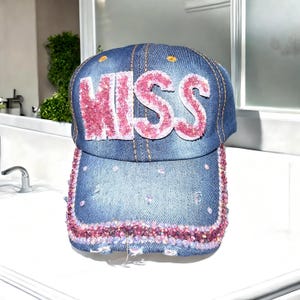 Denim Rhinestone Baseball Cap with &quot;MISS,&quot; Design, Stylish & Glamorous Cap