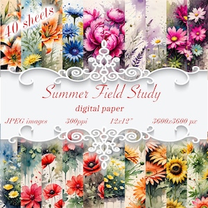 May include: A digital paper set titled "Summer Field Study" featuring watercolor floral designs. The set includes 40 sheets of JPEG images, each 12x12 inches, with a resolution of 3600x3600 px. The designs showcase various flowers in vibrant colors.