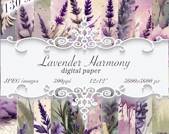 Watercolor Lavender Digital Paper Pack: Floral Scrapbook Backgrounds (130 JPEG, 12x12", 300dpi Digital Download)