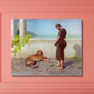 Puede incluir: Una impresión de arte mural rectangular que presenta una pintura clásica de una persona de pie en una terraza de piedra junto a un perro grande de color marrón. La escena incluye una balaustrada de piedra, una columna y un mar azul lejano.