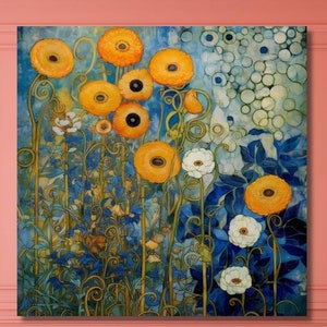Floral Study in Blue and gold  Gustav Klimt Inspired Art Print on Canvas,Classical Vibrant Colors Art Print,Giclee Wall Art,Modern Art 33