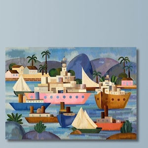 May include: A colorful abstract painting of a harbor scene with boats and buildings. The artwork features a variety of boats in shades of blue, pink, and orange, with white sails. The background includes mountains, palm trees, and a blue sky.