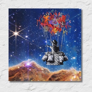 Banksy Balloon and Boy Poster,Graffiti Space Print on Canvas,Banksy Boy Flying with Balloon and marking space,Banksy Kids Wall Decor