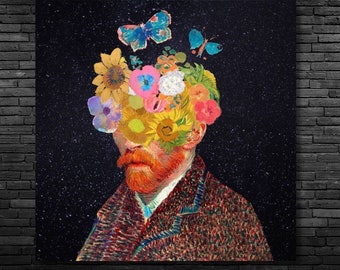Vincent Van Gogh's self-portrait & flower butterfly remixed collage artwork canvas wall art  18