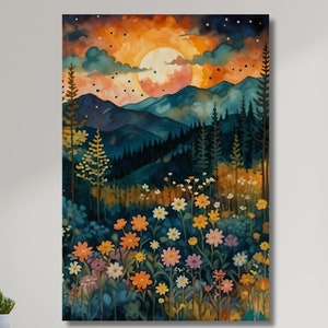 Full Moon above the wildflowers and woodland art print wall art,Full moon above nature canvas wall decor,Mystical midnight enchanted art 1