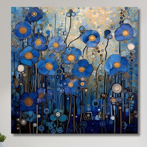 Floral Study in Blue and gold  Gustav Klimt Inspired Art Print on Canvas,Classical Vibrant Colors Art Print,Giclee Wall Art,Modern Art 32