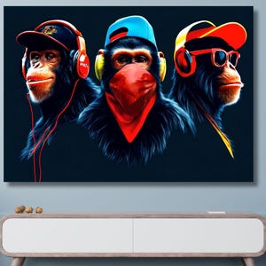 Three Wise Monkeys Canvas Wall Art,No See No Hear No Speak Monkey Poster Three Wise Monkeys Wall Art monkey art print,gift for monkey lover