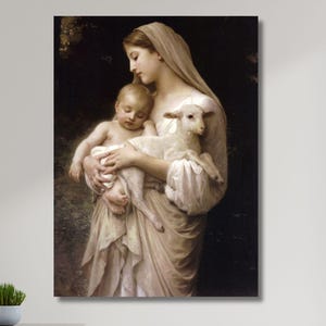 William Adolphe Bouguereau Innocence Wall Art Print, Christian Print,Innocence Virgin Mary Baby Jesus Lamb Poster,Jesus and Mary wall art