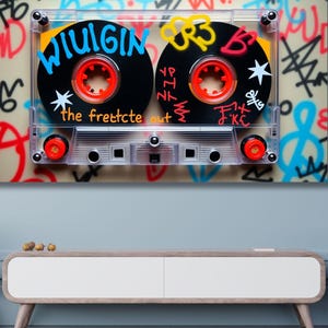 Graffiti Shining Audio Cassette Art Canvas Print,Retro Music Canvas Wall Art,Graffiti Audio Cassette Print Canvas ,Music Room Wall Art