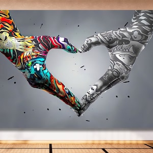 Graffiti Heart Sign with Hands Canvas, Banksy Wall Art, Graffiti Canvas Painting, Hands Canvas Print,  Pop Art Love Sign Wall Decor