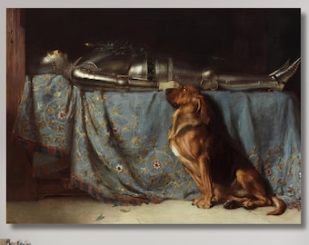May include: A framed print of a painting showing a knight in silver armour lying on a table draped with a blue cloth. A brown dog sits beside the knight, looking up. The artwork is displayed on a wall.
