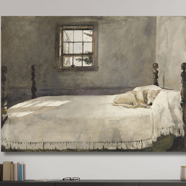 Master Bedroom Dog Sleeping in Bed By Andrew Wyeth Print on Canvas, Andrew Wyeth Artworks, Andrew Wyeth Painting,Wyeth Panel Ready to Hang 3