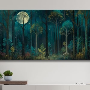 Moon Night Starry Forest Wall Art Canvas,Mystical Midnight Wall Decor,Moon Night  wall art,Landspace Forest Wall Art,Misty Fog forest art