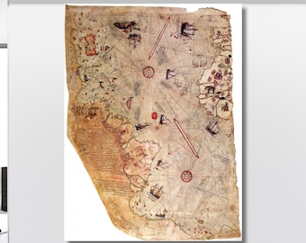 Piri Reis Map  Antique  Wall Art Canvas,  Antique Map Print art