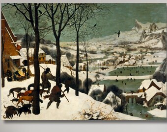 May include: A framed print of a winter landscape painting. The artwork depicts hunters with dogs in a snowy scene, with bare trees and a village in the background. The painting has a muted color palette with a focus on browns, whites, and blues.