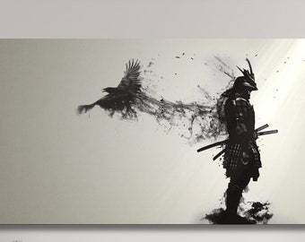 May include: A black and white illustration of a samurai warrior standing with a crow flying away from him. The image is set against a white background.